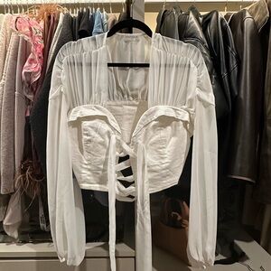 vestique White Sheer-Paneled Lace-Up Long Sleeve Top
